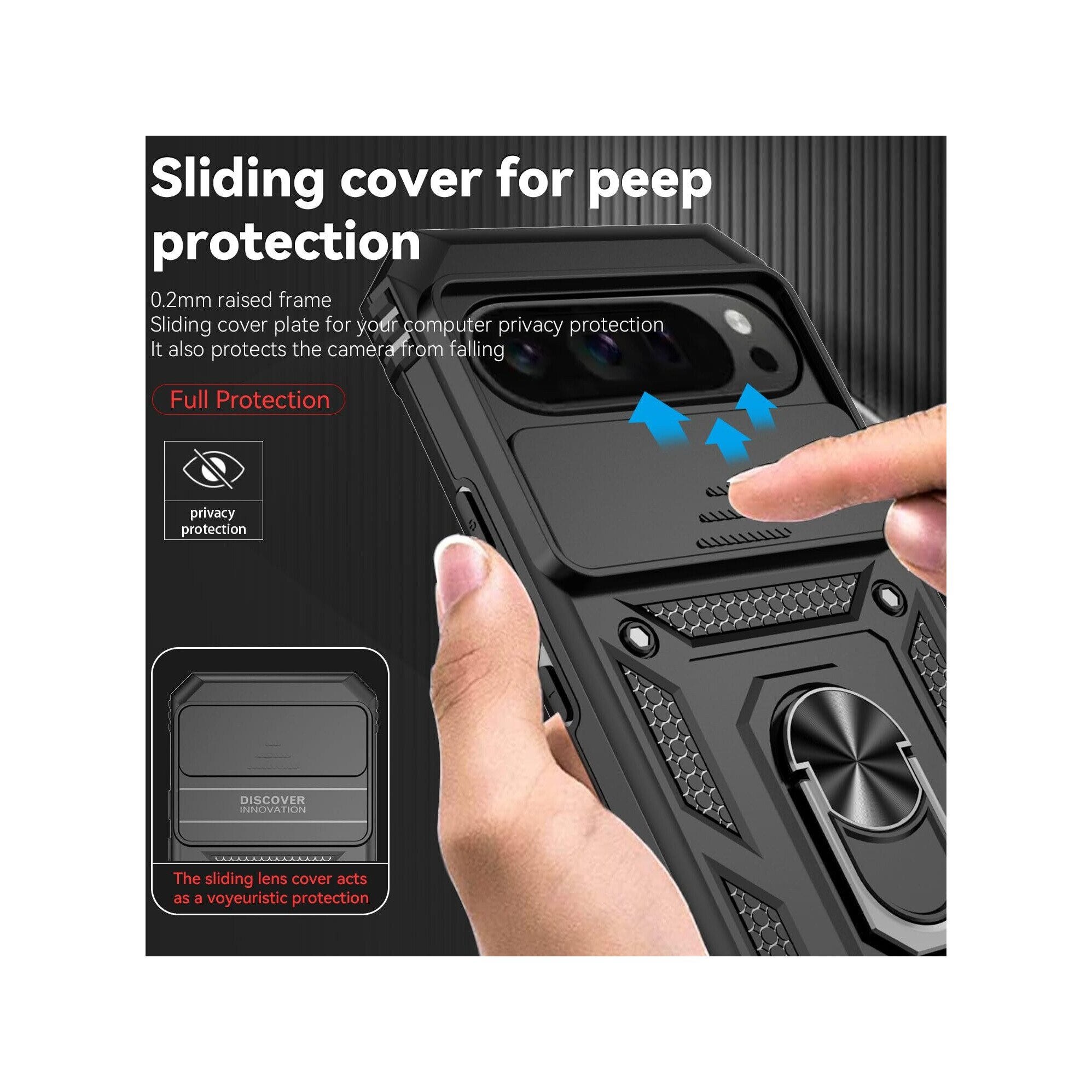 Husa telefon, pentru Google Pixel 9 Pro XL Capac de obiectiv al camerei glisante, inel rotativ 360°, Negru