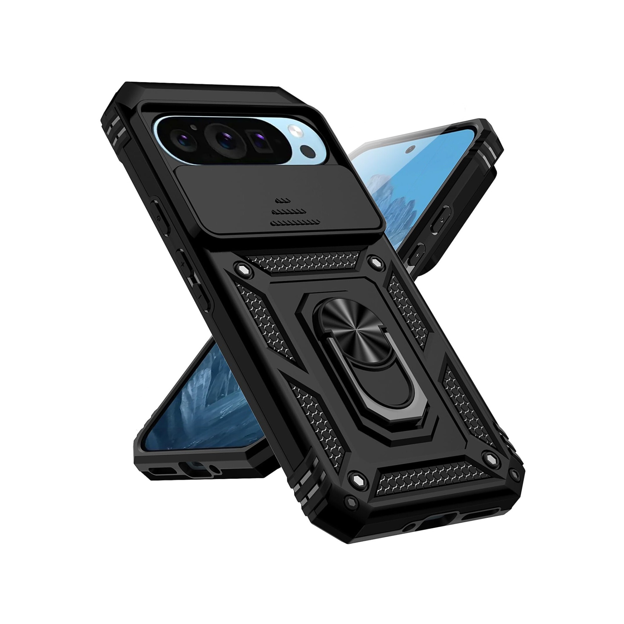 Husa telefon, pentru Google Pixel 9 Pro XL Capac de obiectiv al camerei glisante, inel rotativ 360°, Negru