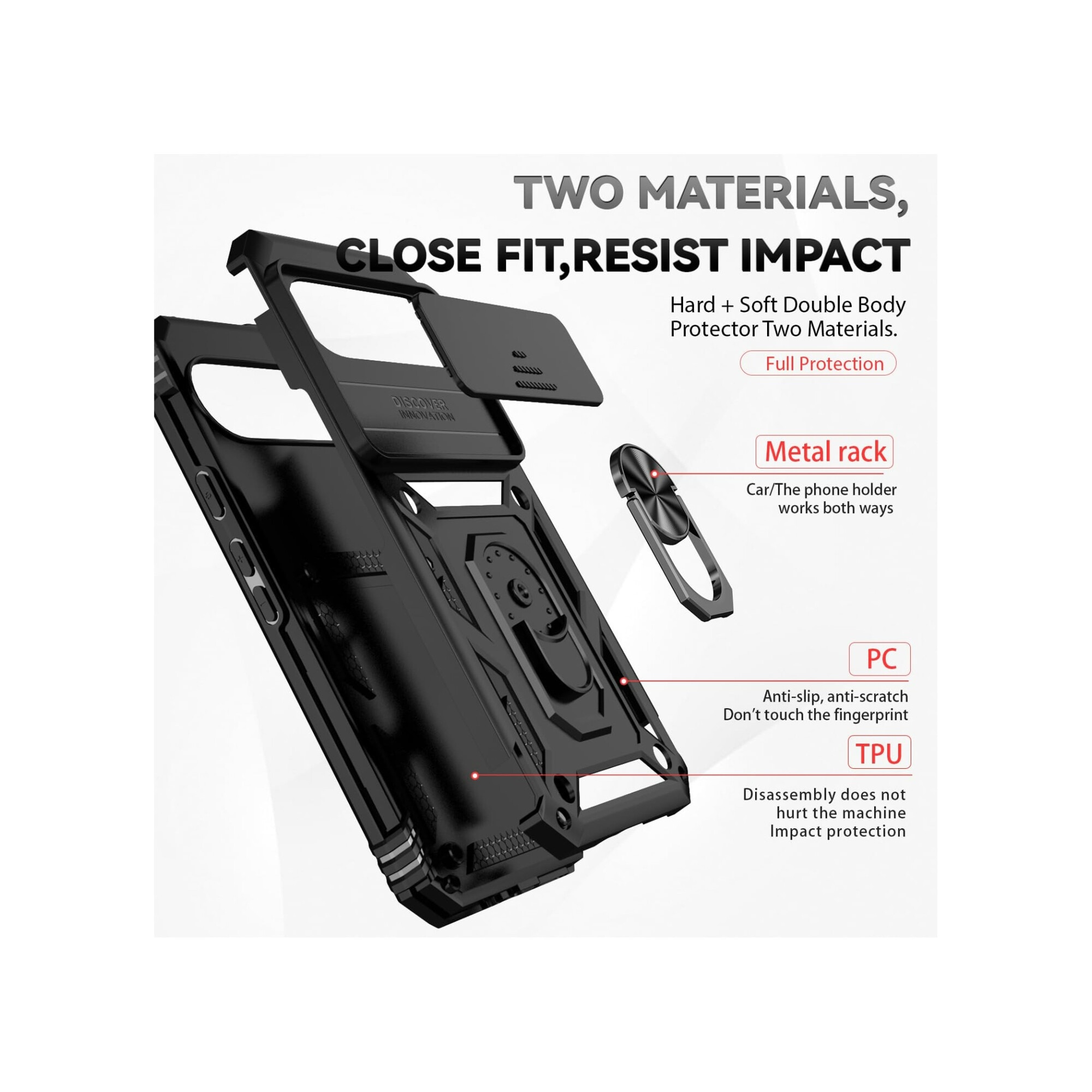 Husa telefon, pentru Google Pixel 9 Pro XL Capac de obiectiv al camerei glisante, inel rotativ 360°, Negru