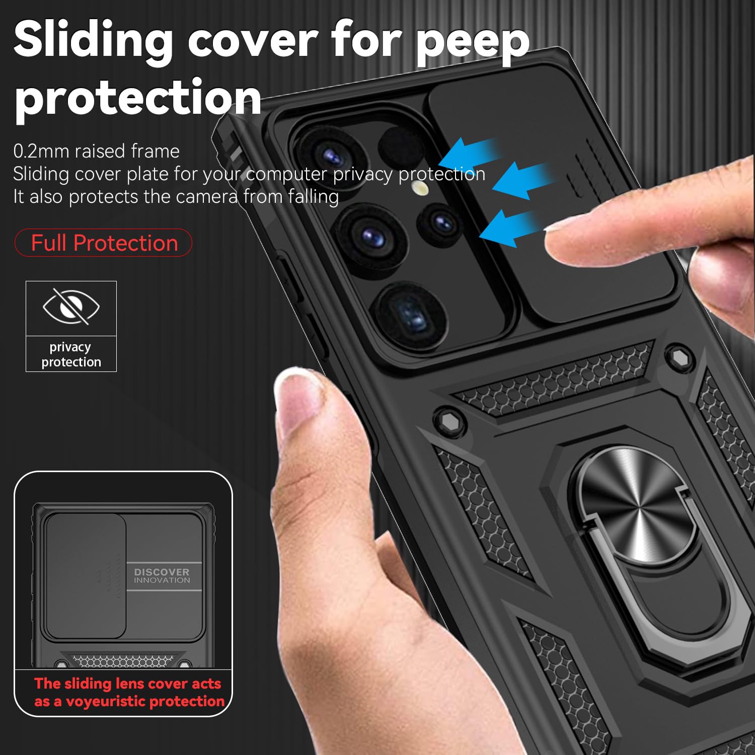 Husa telefon pentru Samsung Galaxy S24 Ultra, capac cu lentila glisanta, suport rotativ 360, negru