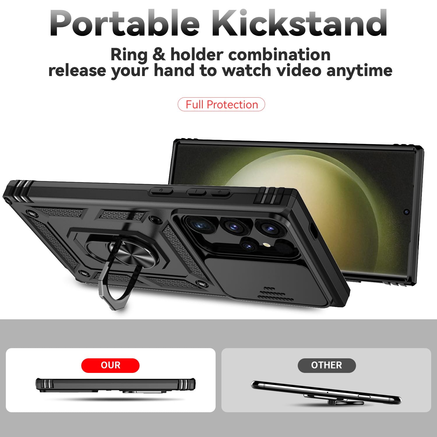 Husa telefon pentru Samsung Galaxy S24 Ultra, capac cu lentila glisanta, suport rotativ 360, negru