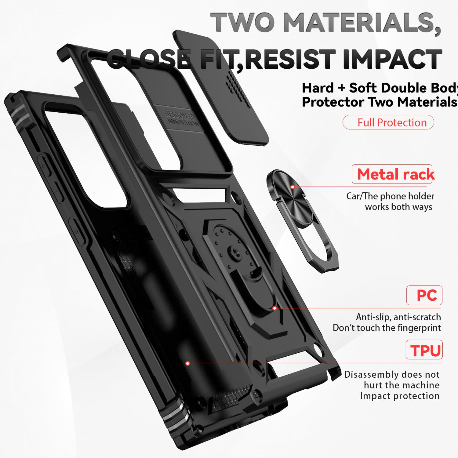 Husa telefon pentru Samsung Galaxy S24 Ultra, capac cu lentila glisanta, suport rotativ 360, negru