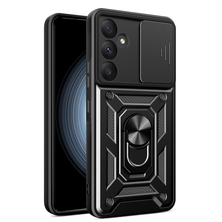 Husa telefon, pentru Samsung Galaxy A16 Capac de obiectiv al camerei glisante, inel rotativ 360°, Negru