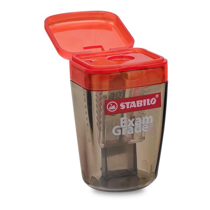 STABILO műanyag hegyező, piros és fekete, gyűjtőtartállyal