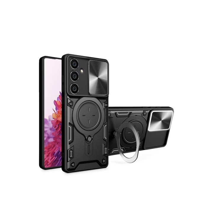 Калъф за телефон Samsung Galaxy A55 5G, въртяща се на 360° стойка, капак за обектива на камерата, черен