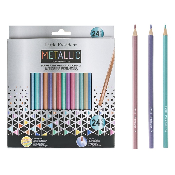Set Creioane Colorate Little President, Model Metallic, 24 Bucati, Culori Multicolore, Varf Subtire
