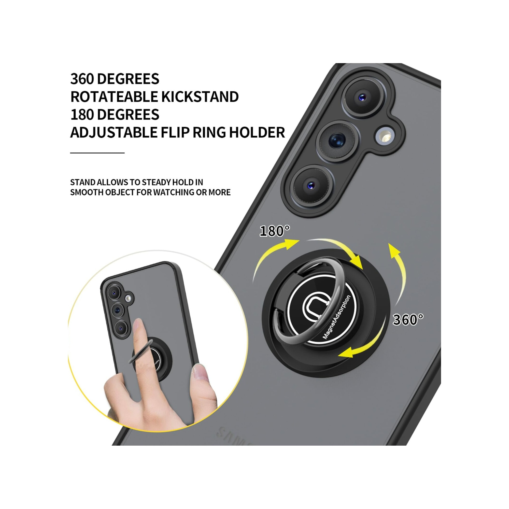 Husa telefon, pentru Samsung Galaxy A55 5G Inel rotativ 360 ° Kickstand, PC subtire subtire si TPU rezistent la soc， Transparent | Negru