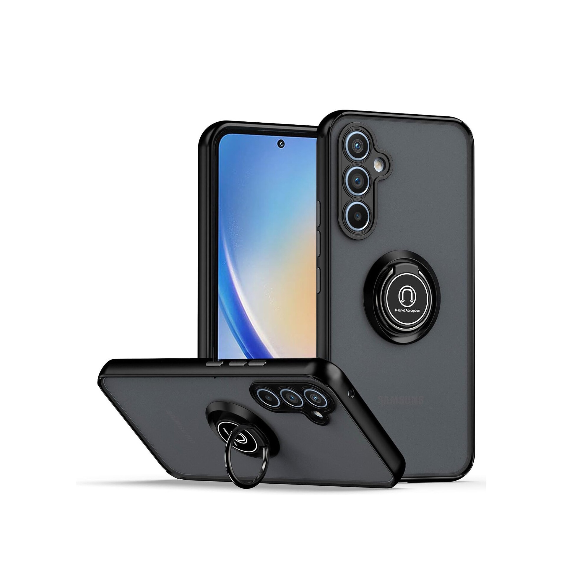 Husa telefon, pentru Samsung Galaxy A55 5G Inel rotativ 360 ° Kickstand, PC subtire subtire si TPU rezistent la soc， Transparent | Negru