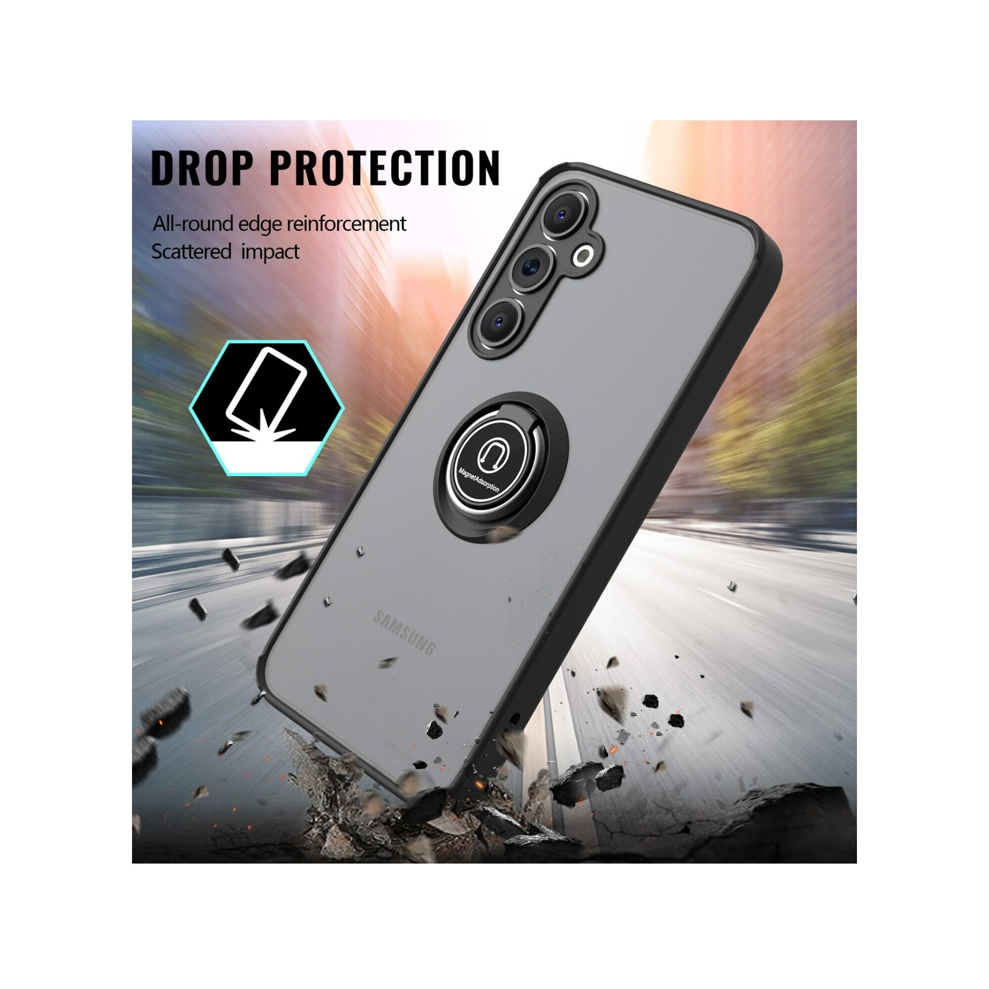 Husa telefon, pentru Samsung Galaxy A55 5G Inel rotativ 360 ° Kickstand, PC subtire subtire si TPU rezistent la soc， Transparent | Negru