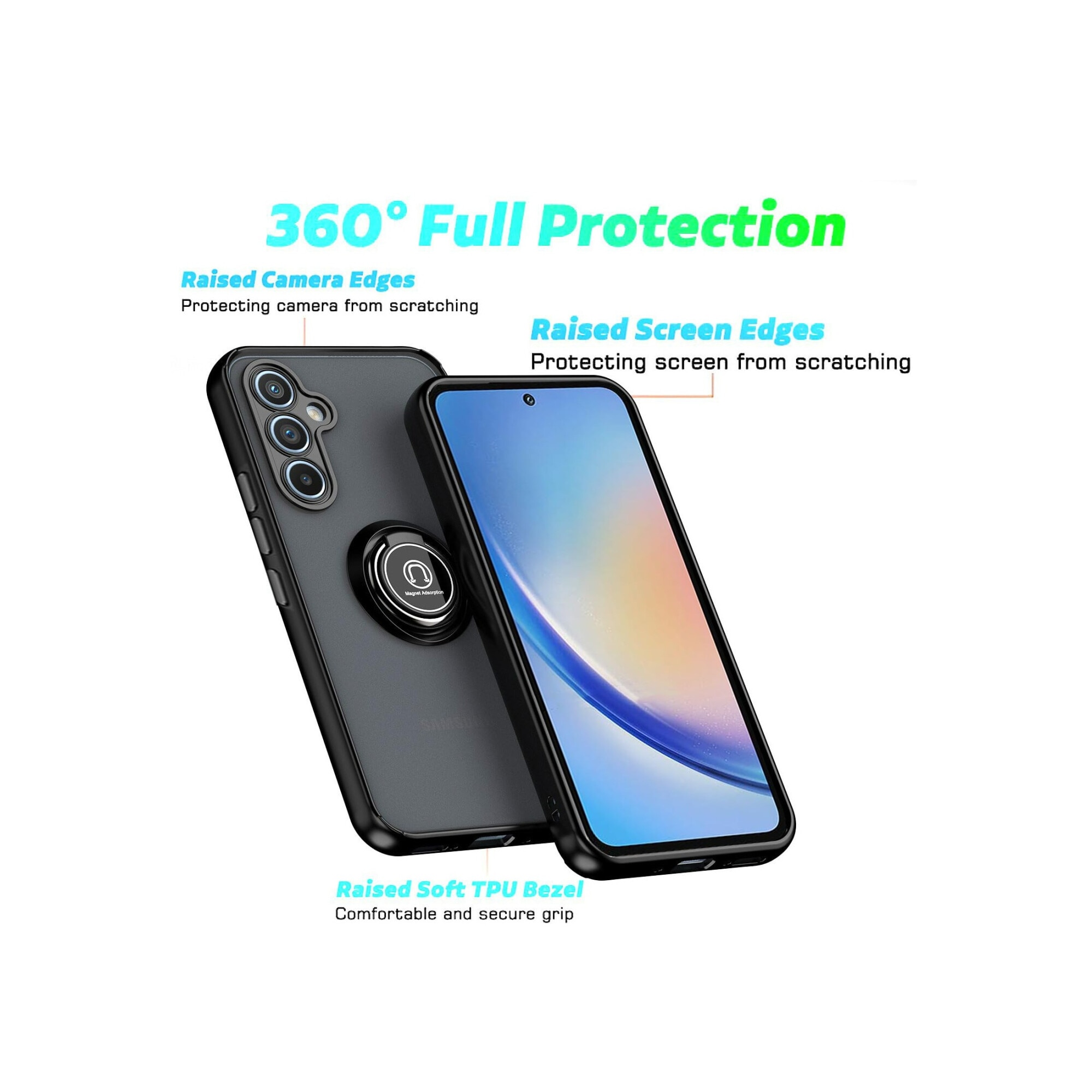 Husa telefon, pentru Samsung Galaxy A55 5G Inel rotativ 360 ° Kickstand, PC subtire subtire si TPU rezistent la soc， Transparent | Negru