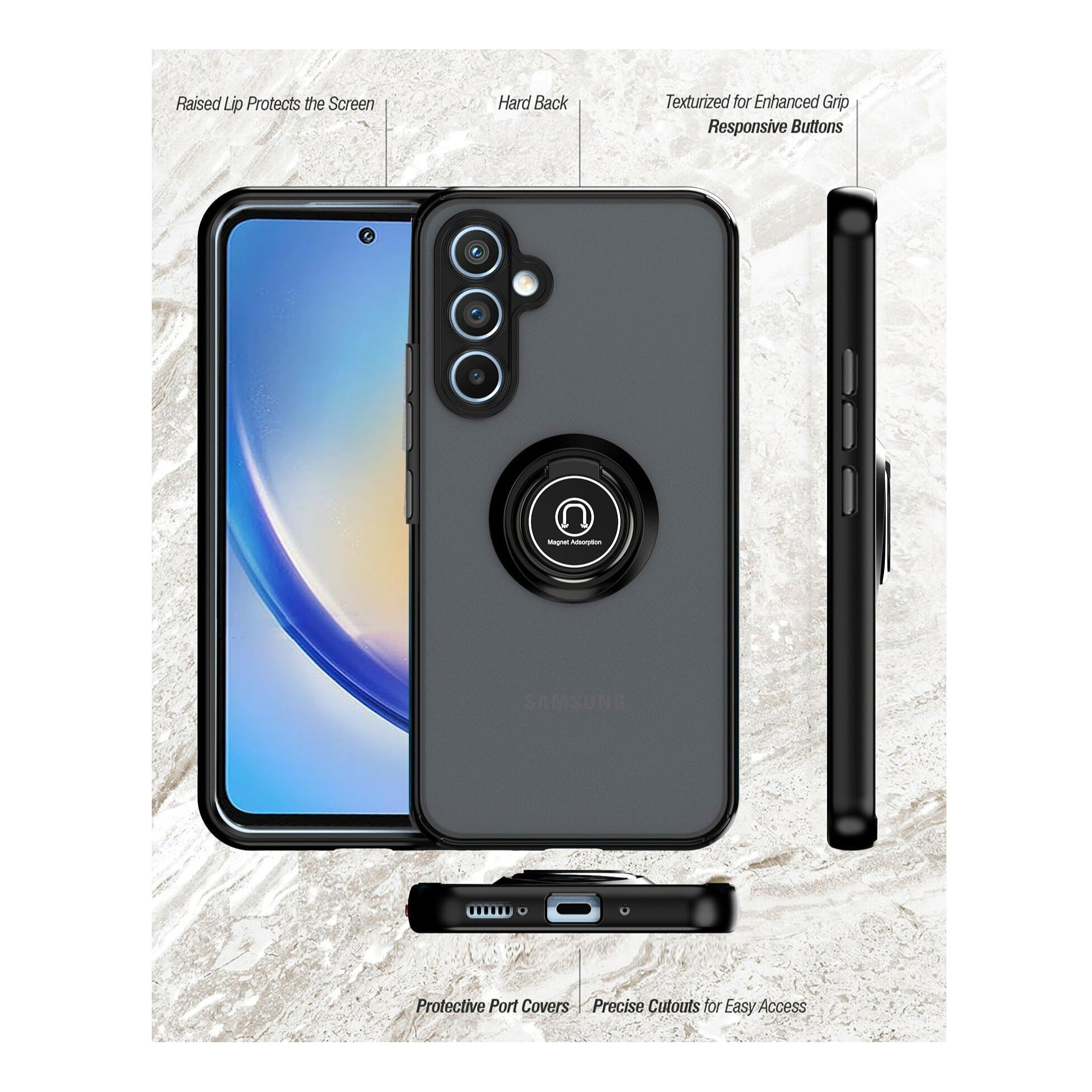 Husa telefon, pentru Samsung Galaxy A55 5G Inel rotativ 360 ° Kickstand, PC subtire subtire si TPU rezistent la soc， Transparent | Negru