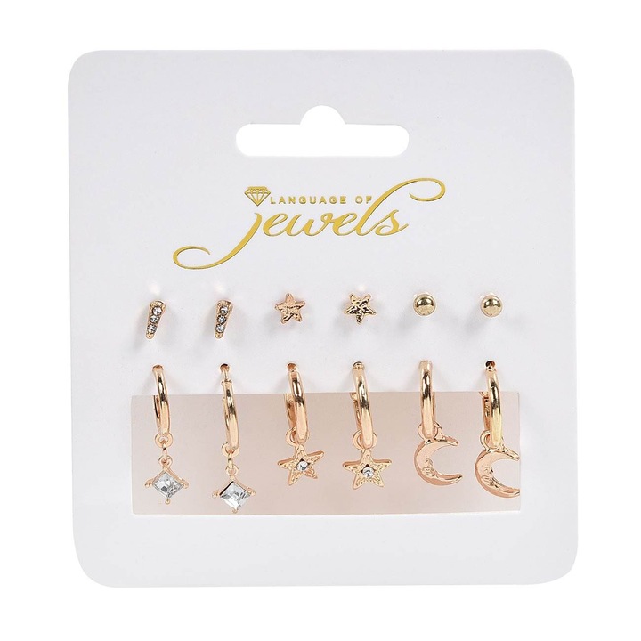 Set Cercei, Language of Jewels, Aurii, 6 Perechi, Strass-uri, Stelute, Luna