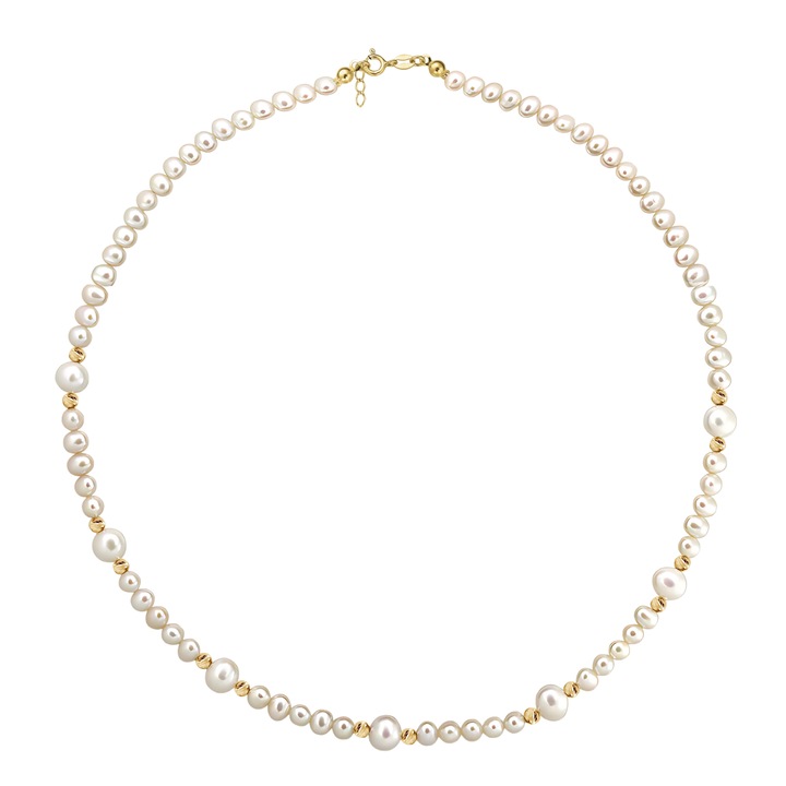 Colier Aur 585 - 14K cu perle de cultura albe 5+6 mm si bile din aur, inchizatoare clasica, Bej deschis
