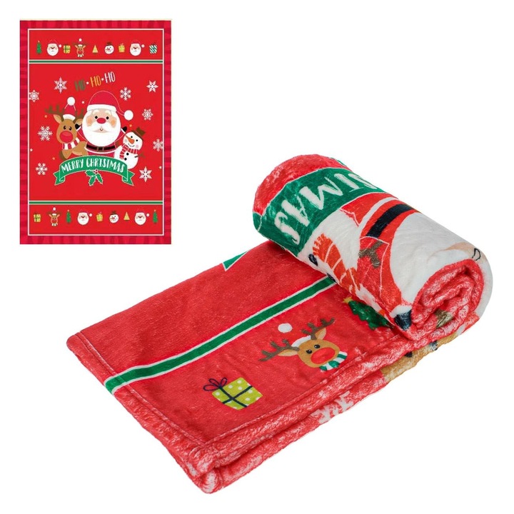 Patura Copii, Model Craciun, Mos Craciun cu Reni si Om de Zapada, Culoare Rosu, Dimensiune 80x90 cm, Material Poliester