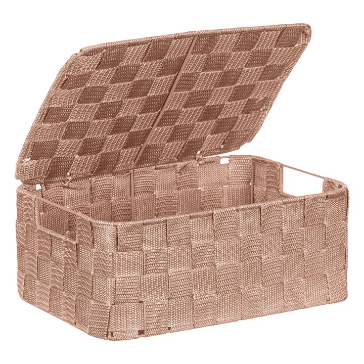 Rattan tárolódoboz, rattan típus, lazac színű, fém keret, mérete 30x20x12 cm, fedél