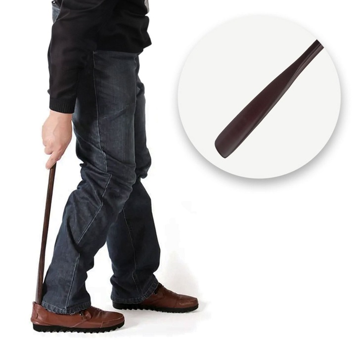 Incaltator Pantofi, Lemn, Culoare Maro, Lungime 54cm, Curea Suspendare Piele Artificiala