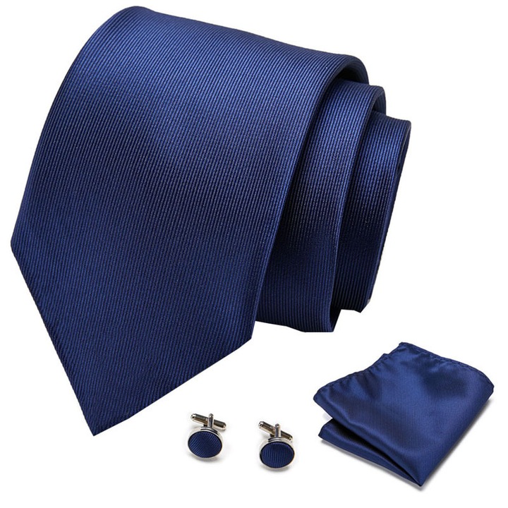 Set cravata barbati, cravata albastra, batista si butoni, 3.5cm x 7.5cm x 146cm