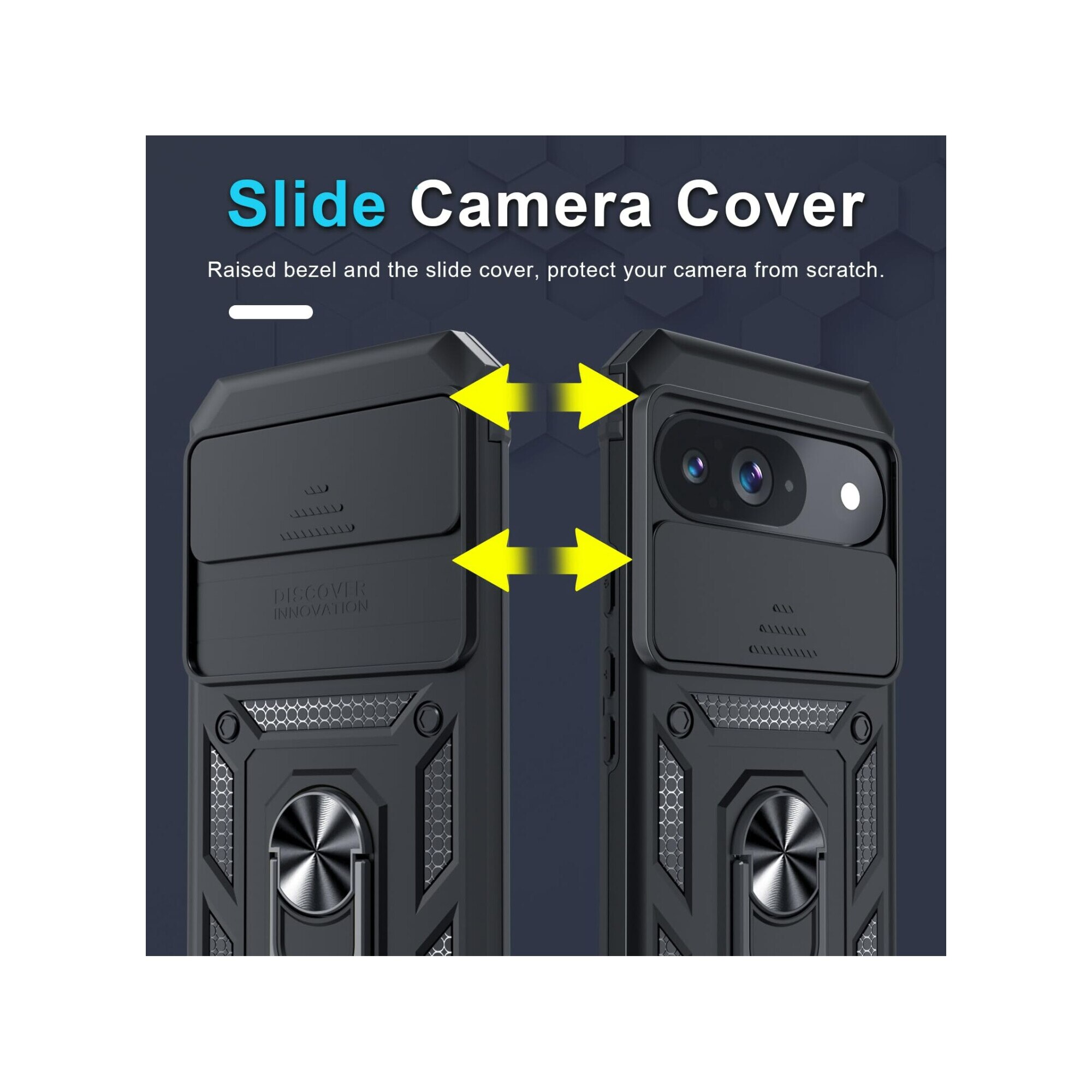 Husa telefon, pentru Google Pixel 9/9 Pro Capac de obiectiv al camerei glisante, inel rotativ 360°, Negru