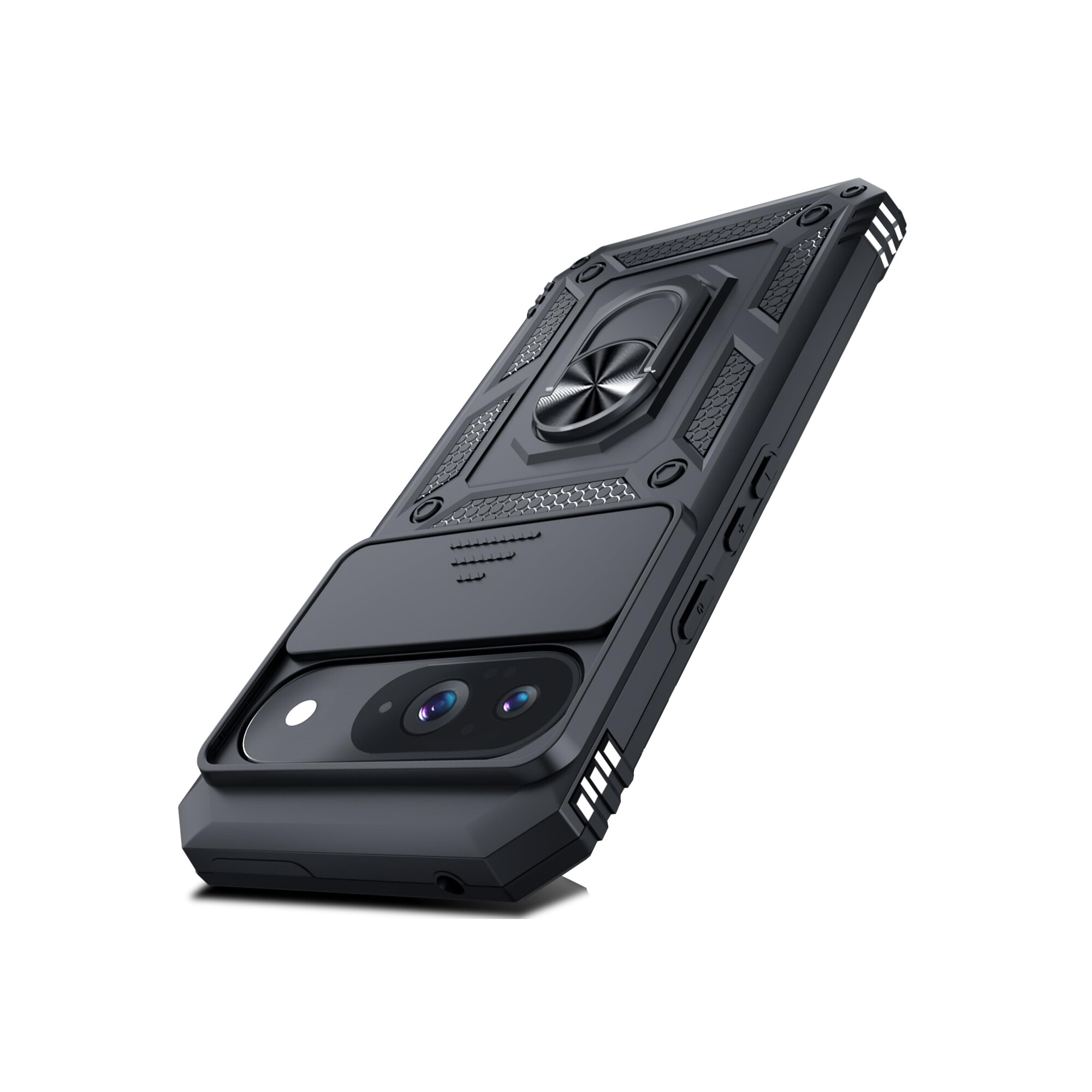 Husa telefon, pentru Google Pixel 9/9 Pro Capac de obiectiv al camerei glisante, inel rotativ 360°, Negru