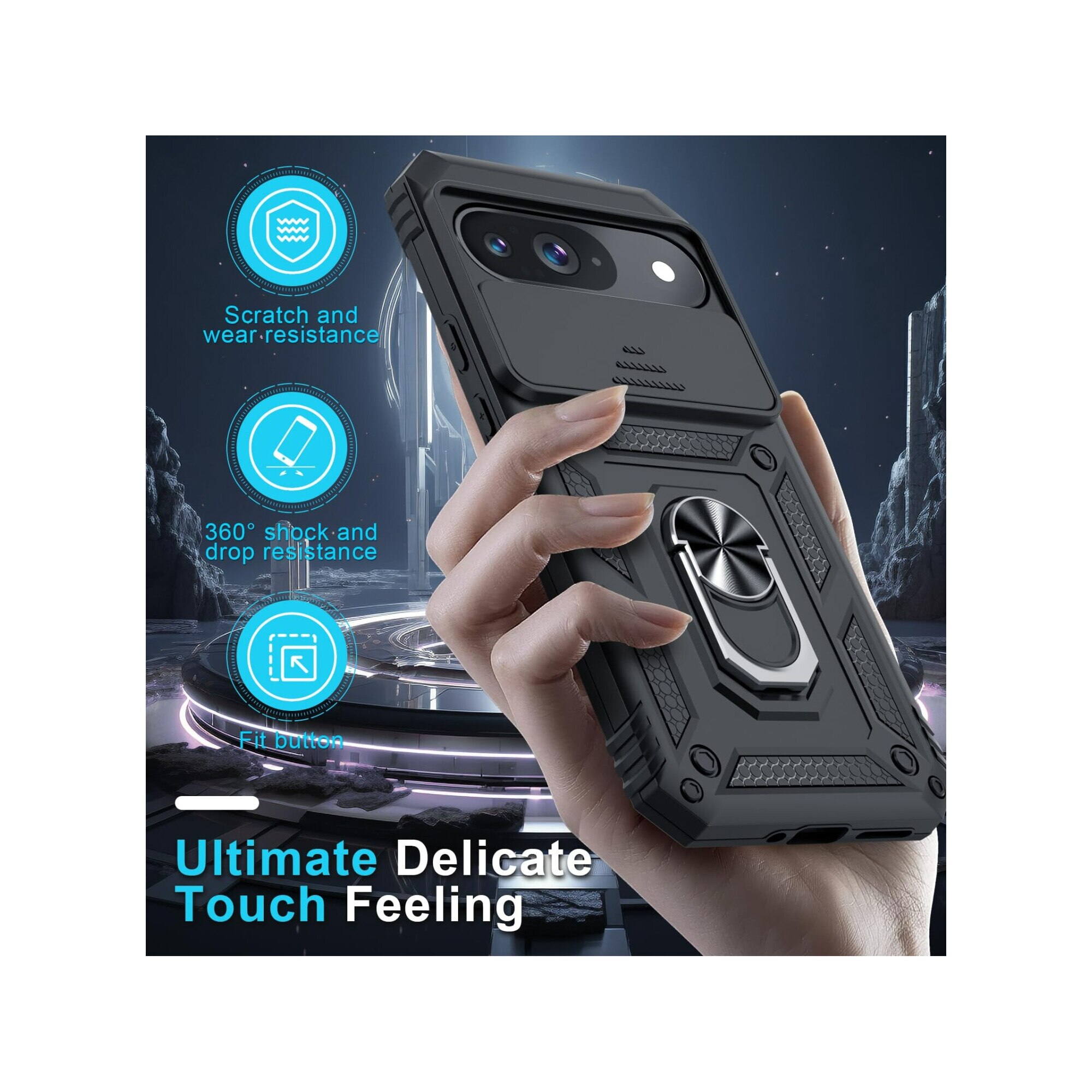 Husa telefon, pentru Google Pixel 9/9 Pro Capac de obiectiv al camerei glisante, inel rotativ 360°, Negru