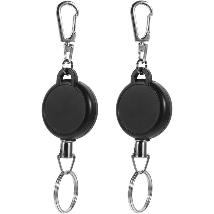 Set de 2 brelocuri retractabile cu cablu din otel, negru, 3.5cm x 12cm