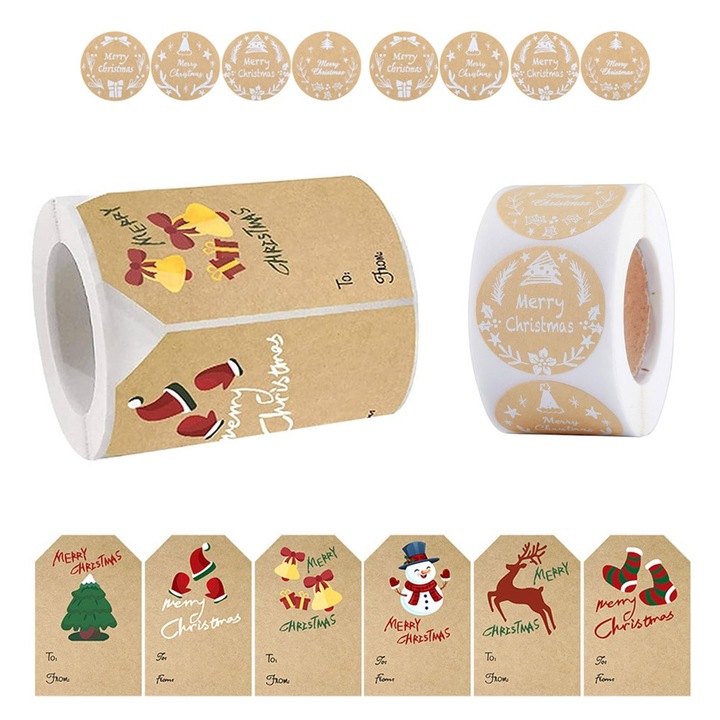 Комплект подаръчни етикети и стикери, Huitrax, крафт хартия, 250 етикета (7.5x7cm) и 500 кръгли стикера (2.5x2.5cm), многоцветни