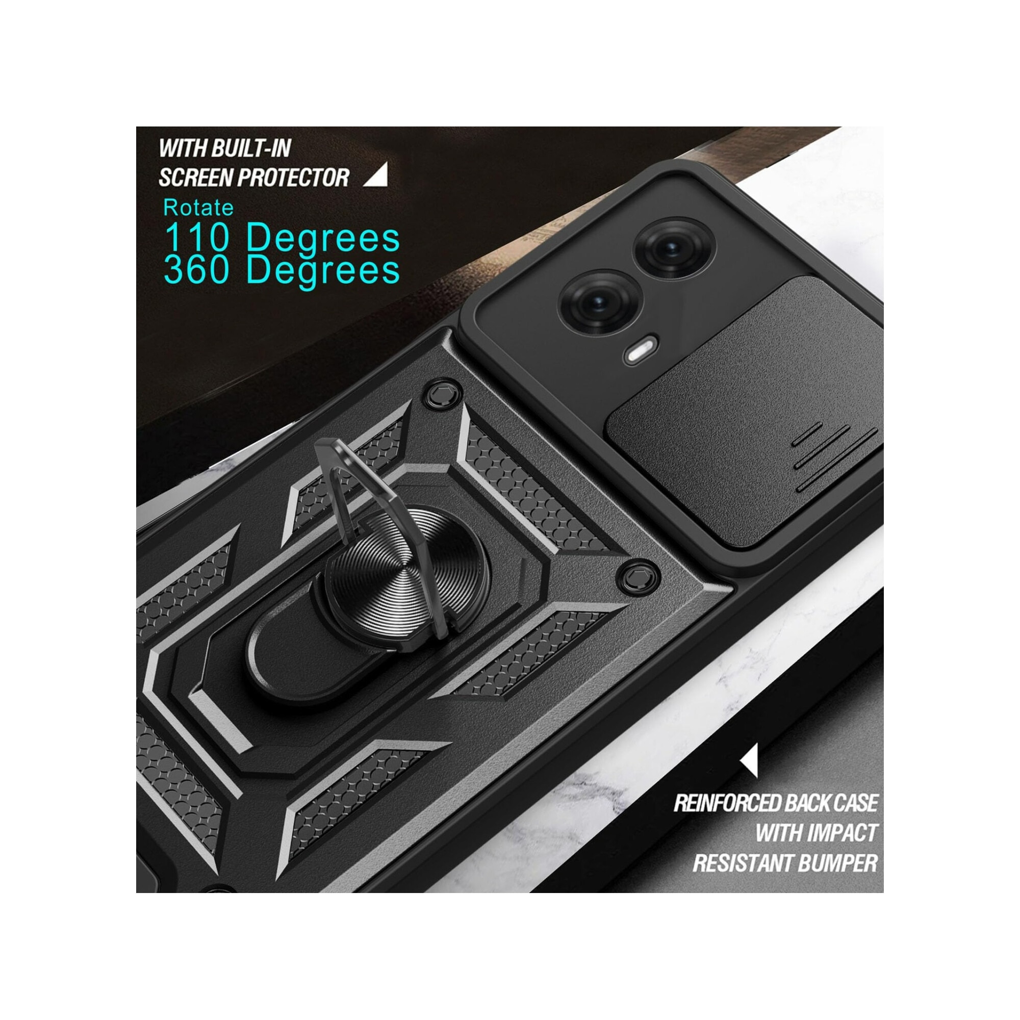 Husa telefon, pentru Motorola Moto G35 5G Capac de obiectiv al camerei glisante, inel rotativ 360°, Negru
