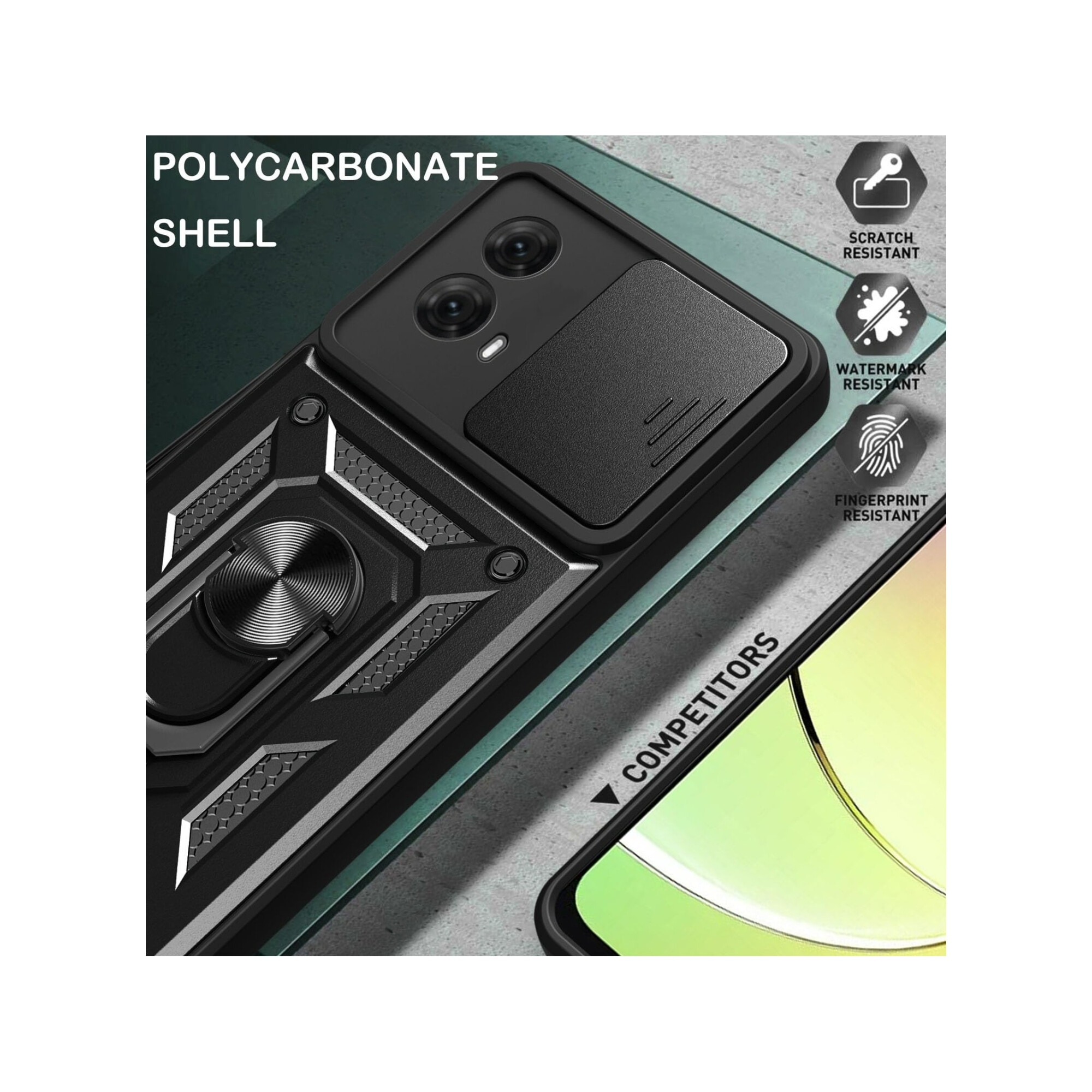 Husa telefon, pentru Motorola Moto G35 5G Capac de obiectiv al camerei glisante, inel rotativ 360°, Negru