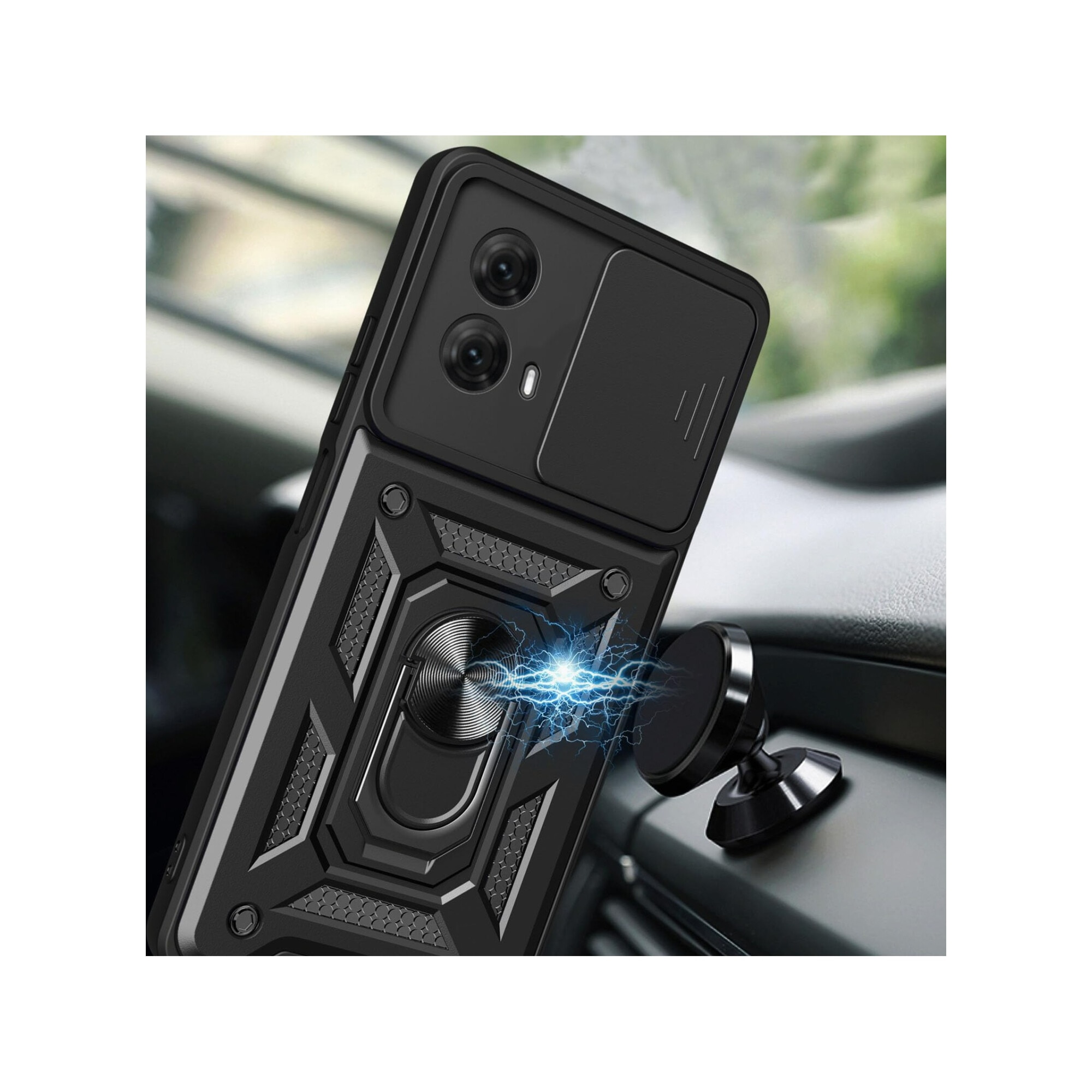 Husa telefon, pentru Motorola Moto G35 5G Capac de obiectiv al camerei glisante, inel rotativ 360°, Negru