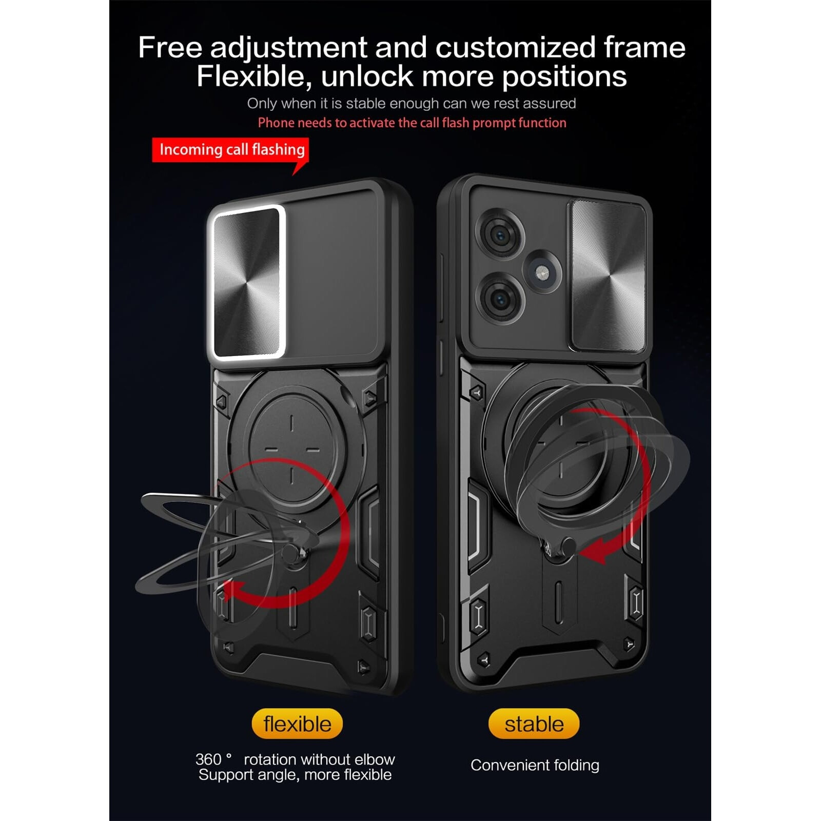 Husa telefon, pentru Motorola Moto G54 / G54 Power 5G Capacul obiectivului camerei glisante, Inel rotativ 360 ° Kickstand, Negru titan