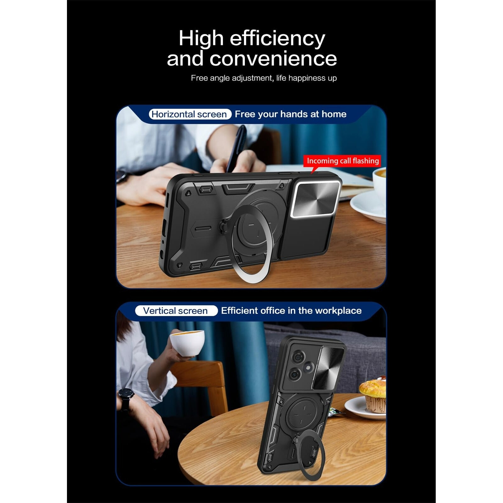 Husa telefon, pentru Motorola Moto G54 / G54 Power 5G Capacul obiectivului camerei glisante, Inel rotativ 360 ° Kickstand, Negru titan