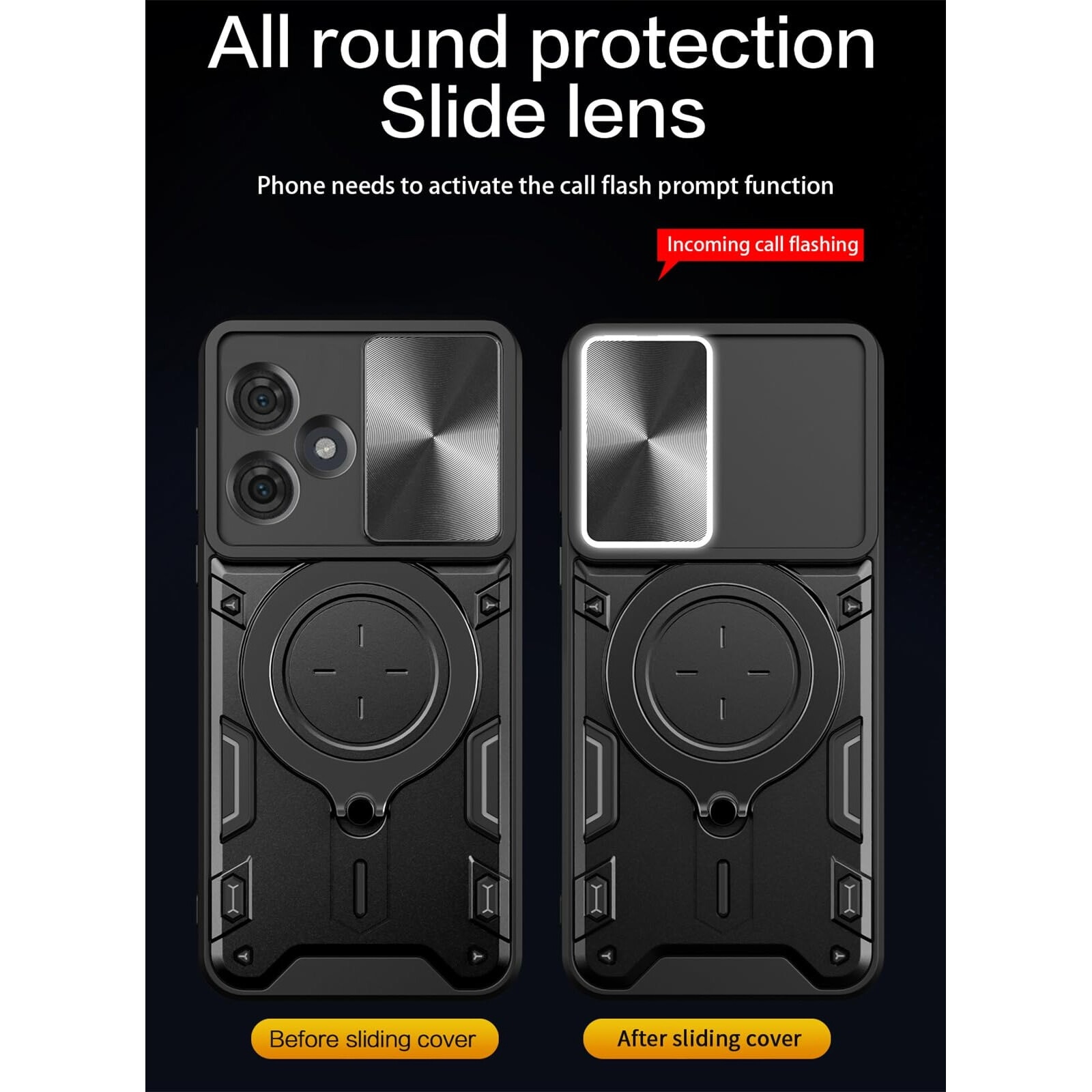 Husa telefon, pentru Motorola Moto G54 / G54 Power 5G Capacul obiectivului camerei glisante, Inel rotativ 360 ° Kickstand, Negru titan