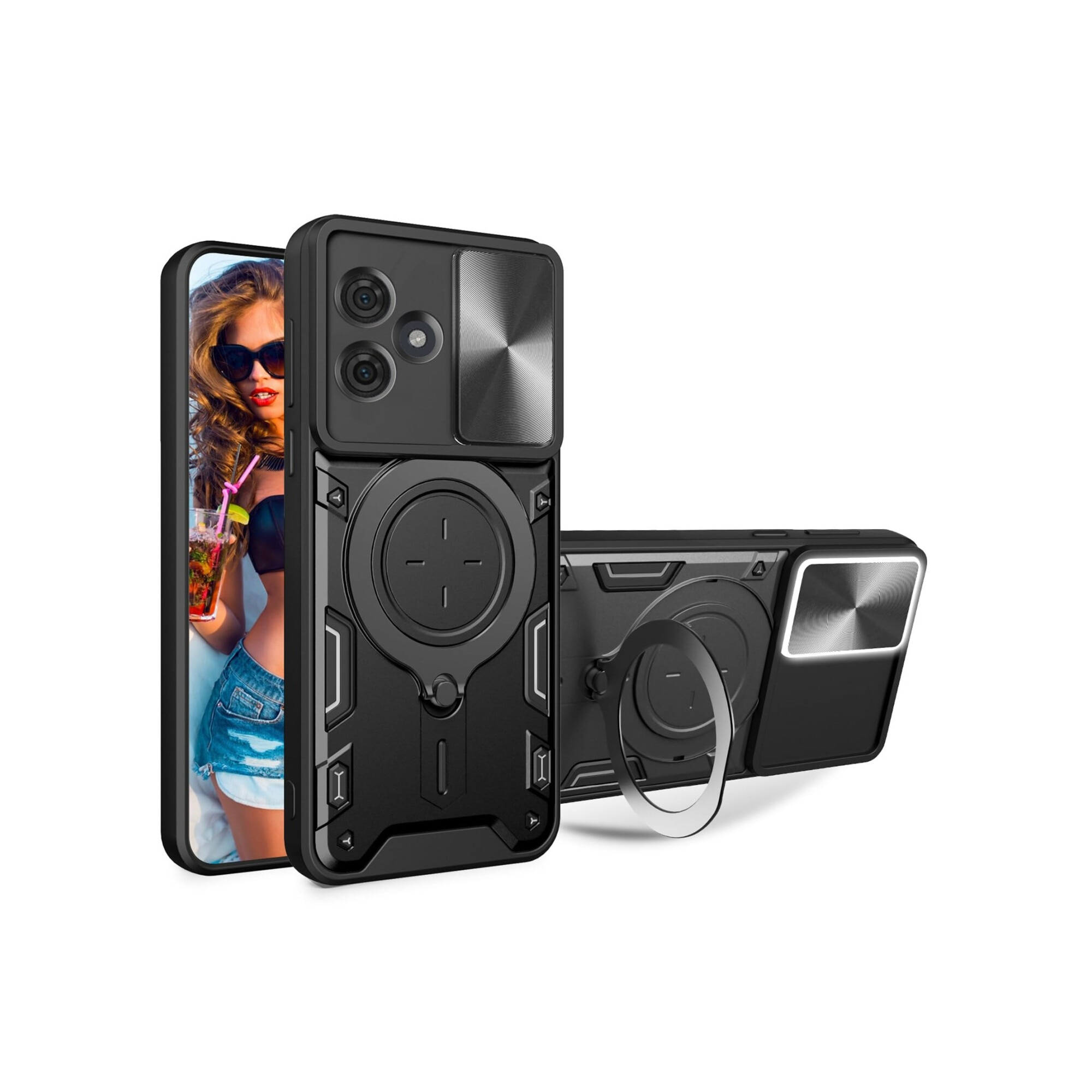Husa telefon, pentru Motorola Moto G54 / G54 Power 5G Capacul obiectivului camerei glisante, Inel rotativ 360 ° Kickstand, Negru titan