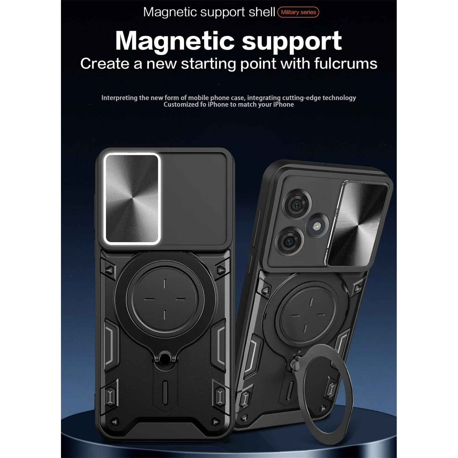 Husa telefon, pentru Motorola Moto G54 / G54 Power 5G Capacul obiectivului camerei glisante, Inel rotativ 360 ° Kickstand, Negru titan