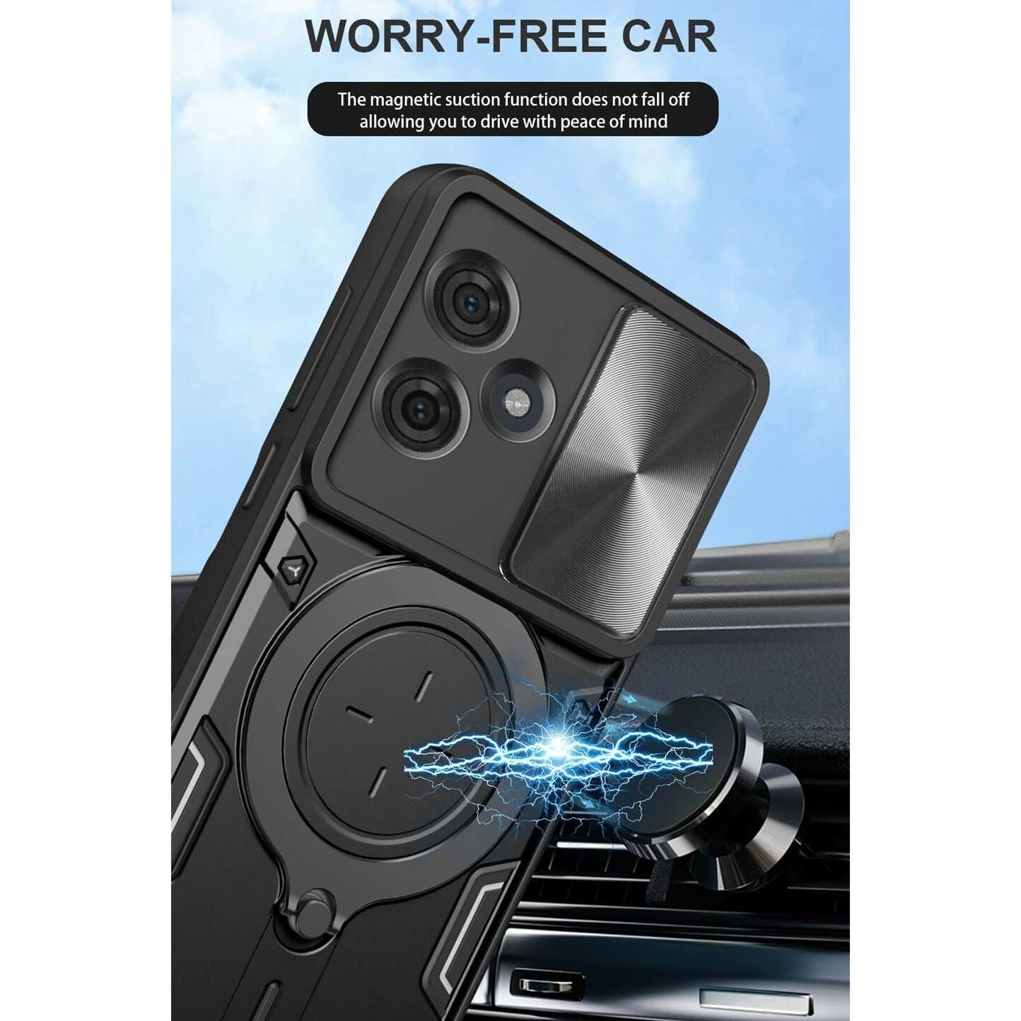 Husa telefon, pentru Motorola Moto G54 / G54 Power 5G Capacul obiectivului camerei glisante, Inel rotativ 360 ° Kickstand, Negru titan