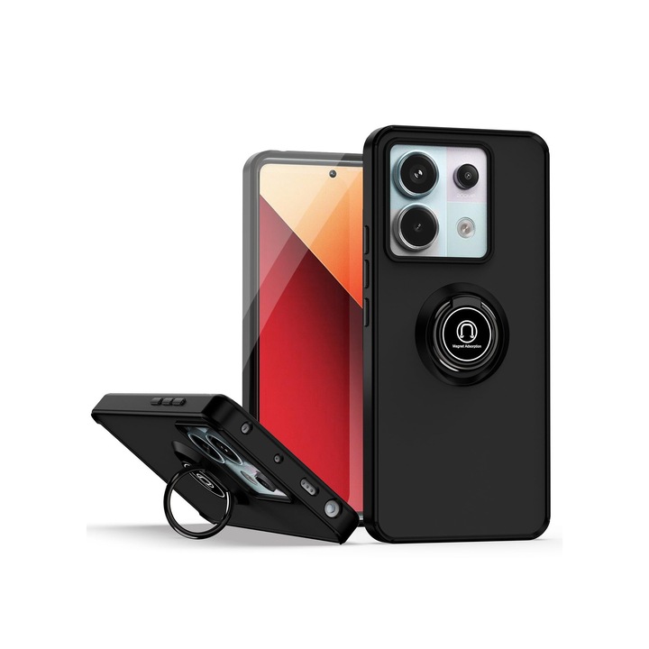 Husa telefon, pentru Xiaomi Redmi Note 13 Pro 5G Inel rotativ 360 ° Kickstand, PC subtire subtire si TPU rezistent la soc， Transparent | Negru