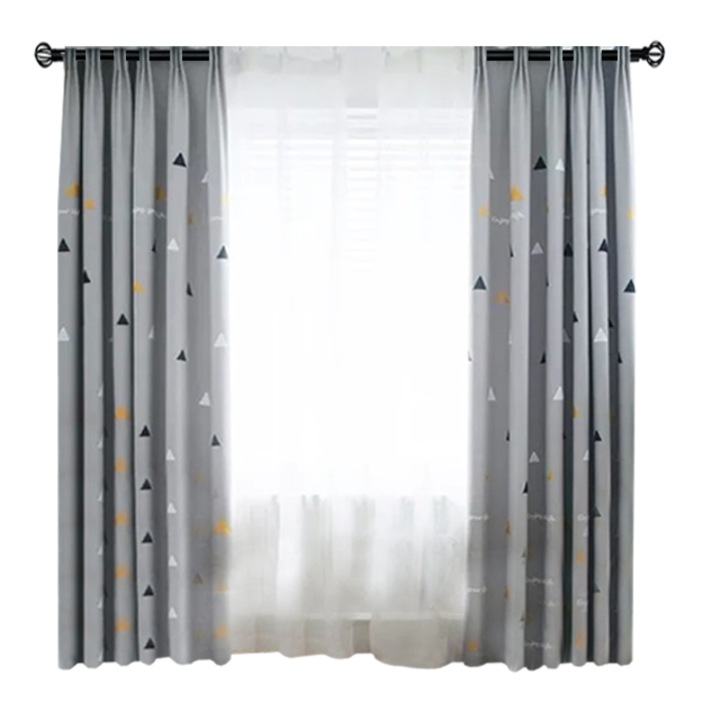Комплект от 2 пердета 121 х 250 см, сиво и перде 316 х 250 см, бяло с бродирани графични елементи, триъгълници, метални халки, модерен и атрактивен дизайн