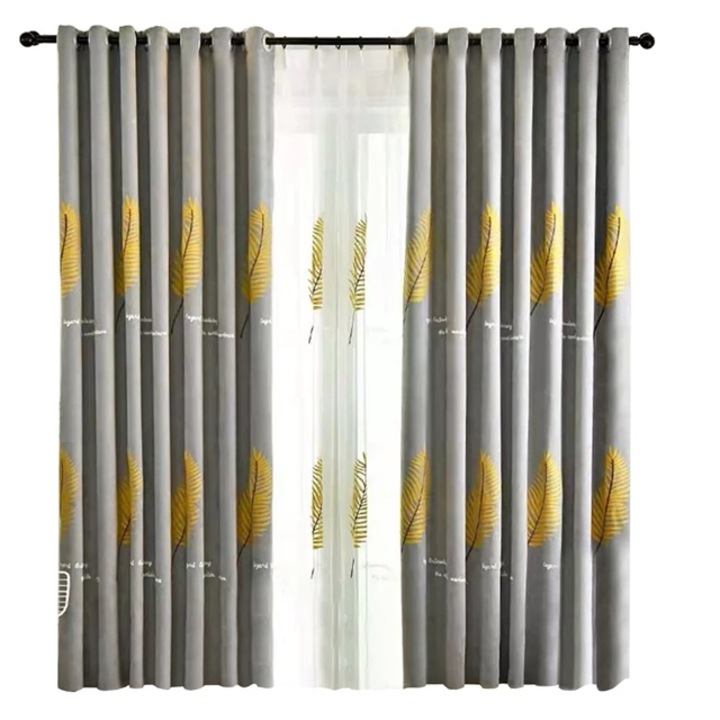Комплект от 2 пердета 121 х 250 см, сиво и перде 316 х 250 см, бяло с избродирани с пера графични елементи, метални халки, модерен и атрактивен дизайн