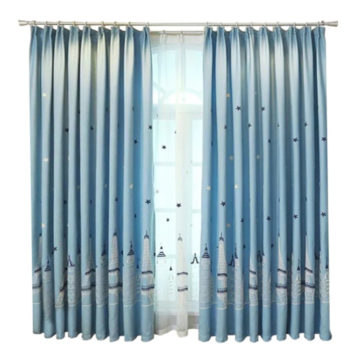 Set 2 draperii si perdea pentru copii, dimensiune 121 x 250 cm, albastru si perdea 316 x 250 cm, alba cu elemente grafice Turnul Eiffel, inele metalice, design modern si atragator