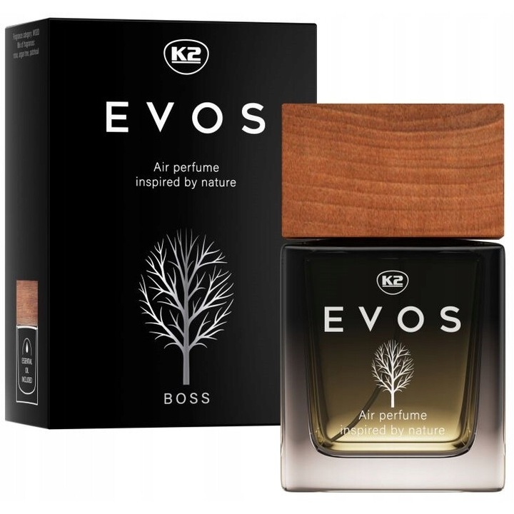 Autós légfrissítő K2 EVOS BOSS 50ml, fás illat, argán és pacsuli jegyekkel, üvegpalack fadugóval