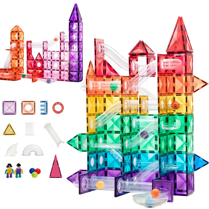 Set de constructie magnetica 3D, 190 de piese, jucarii cu blocuri de constructie, magneti puternici, pista de joc cu mingea, posibilitati multiple de constructie, dezvolta imaginatia si creativitatea, 3-12 ani