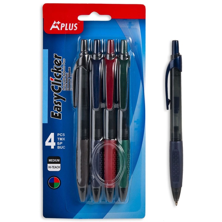 Set Pixuri Ballpoint, A-Plus, EasyClicker, Grip Elastic, Multicolor, 4 Bucati, MYONNA IT & E- COMMERCE ®