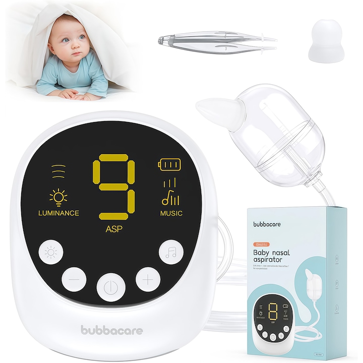 Elektromos orrszívó, Csendes elektromos orrszívó, 9 szívási szint, Nagy váladéktároló tartály, Csendes, Éjszakai fény, Zene a gyermekek szórakoztatásához, Nagy kijelző, 2500 mAh akkumulátor