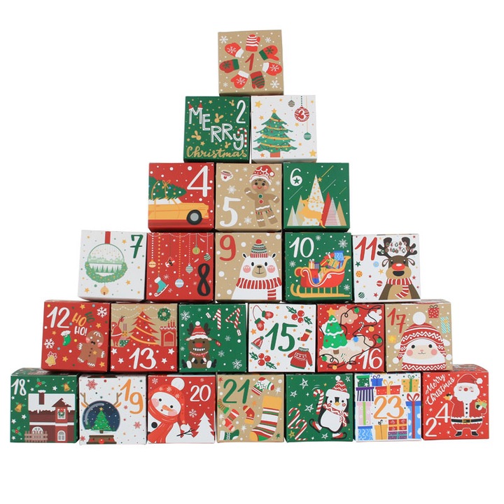 Комплект от 24 коледни кутии Advent, Rqiurpn, многоцветен дизайн, 7x7x7 см