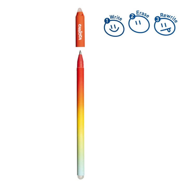 Химикалка Carioca, Oops Easy, червено термочувствително мастило, сиво, с гумичка, връх 0,7 мм, многоцветна