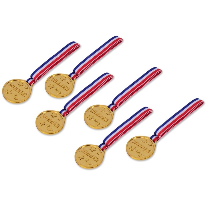 Пластмасови медали, комплект от 6 части, златен цвят, многоцветни ленти, диаметър 3,5 см, надпис WINNER