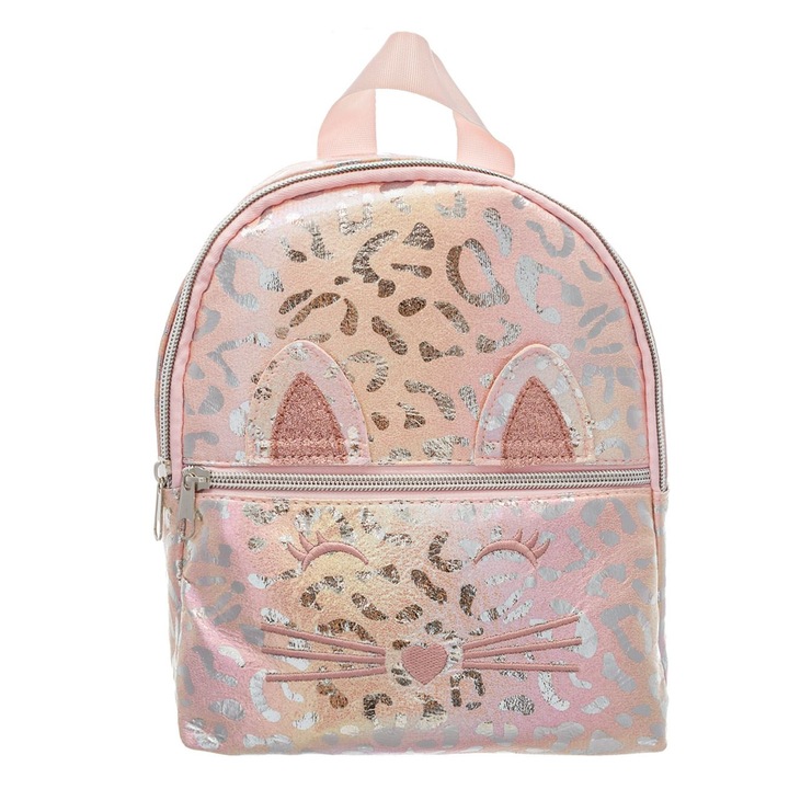 Rózsaszín macska hátizsák holografikus leopárd fólia 3D csillámos fülek gyerekeknek 20x7x24cm
