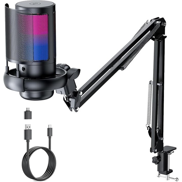 Seilylanka RGB кондензаторен микрофон, кардиоиден, с регулируемо рамо, поп филтър, USB, 9x42.5cm, черен