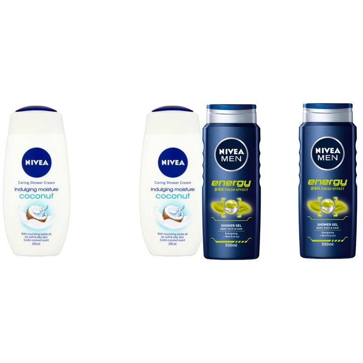 Nivea Variety Set 4 x komponens, 2 x tusfürdő 250 ml kókusz, 2 x tusfürdő 500 ml Energy men, hatékony tisztítás, intenzív hidratálás, könnyű felvitel, megelőzi az irritációt, hosszan tartó frissesség, bőrgyógyászatilag tesztelt