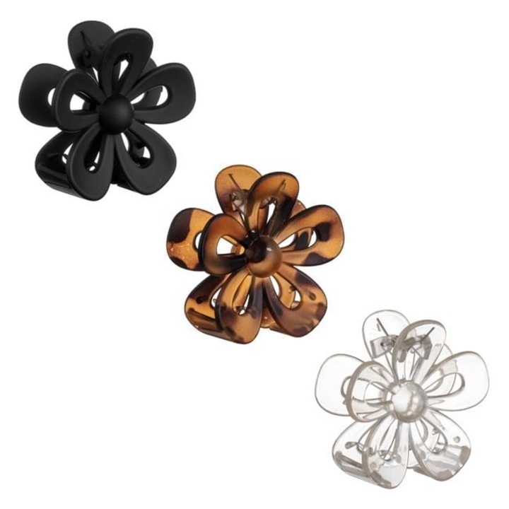 Set 3 clame pentru par Antbro® in forma de floare de culoare maro, neagra si transparenta, 7cm